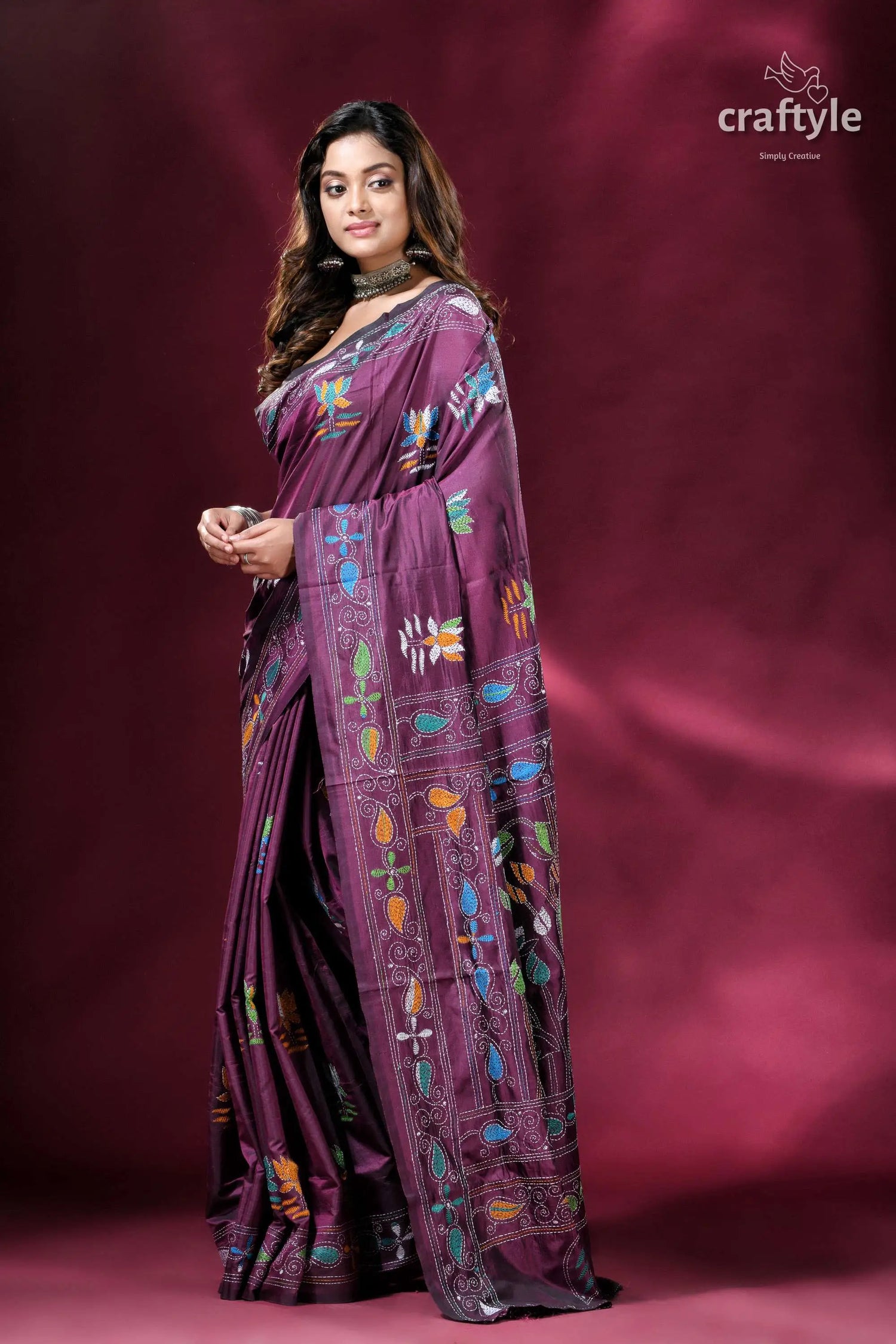 Plum lotus motif multithread silk kantha stitch saree elegant purple saree colorful embroidery 4