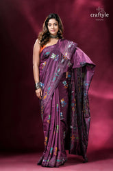 Plum lotus motif multithread silk kantha stitch saree elegant purple saree floral embroidery 5