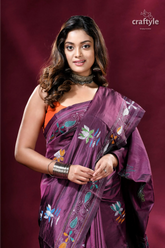 Plum lotus motif multithread silk kantha stitch saree purple saree floral embroidery 2