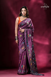 Plum lotus motif multithread silk kantha stitch saree elegant purple saree colorful embroidery 1