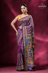 Plum purple blended bangalore silk kantha embroidery saree purple floral embroidered saree 1