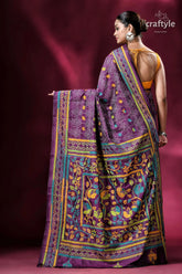 Plum purple blended bangalore silk kantha embroidery saree purple floral patterned saree 5