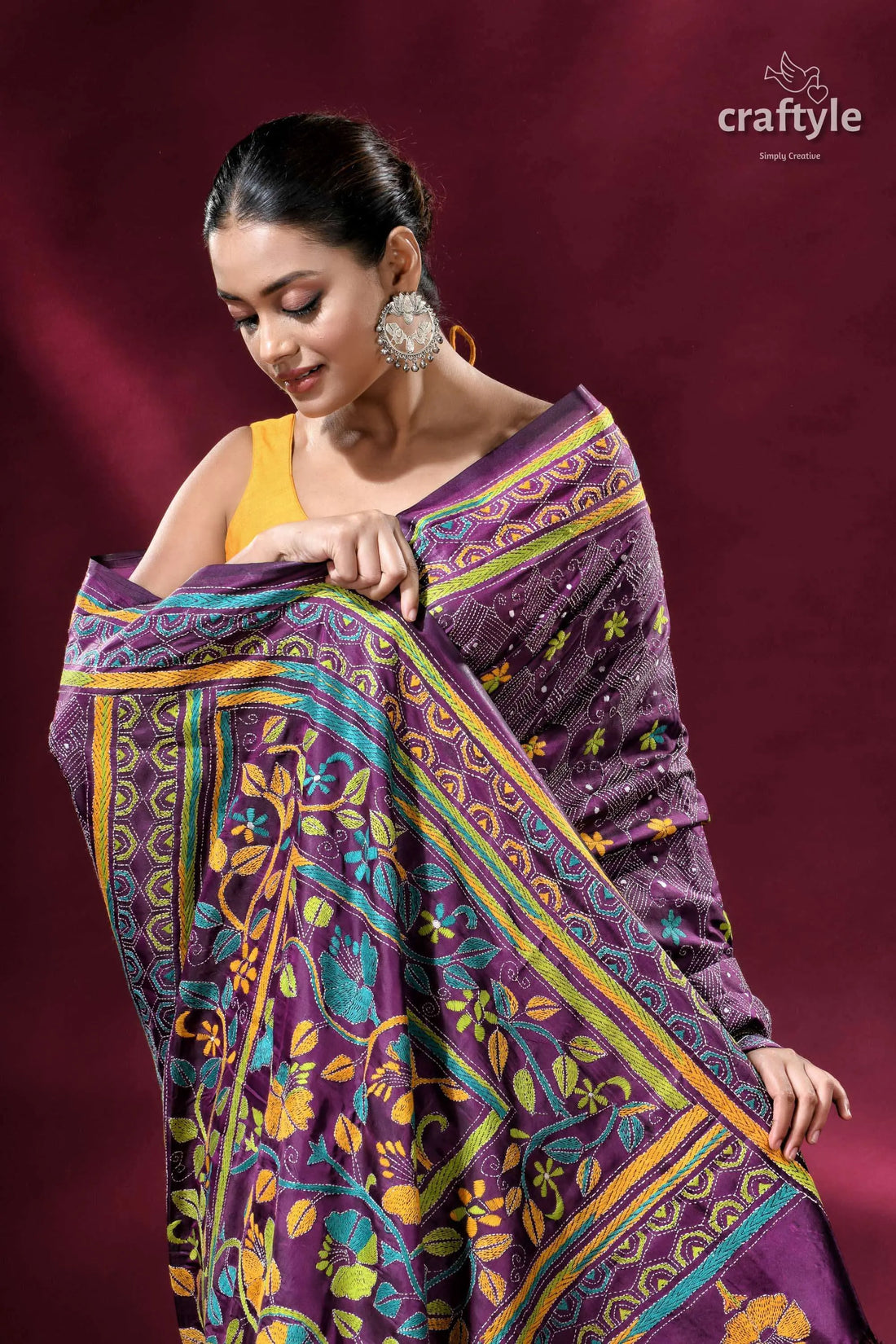 Plum purple blended bangalore silk kantha embroidery saree purple floral-patterned saree 2