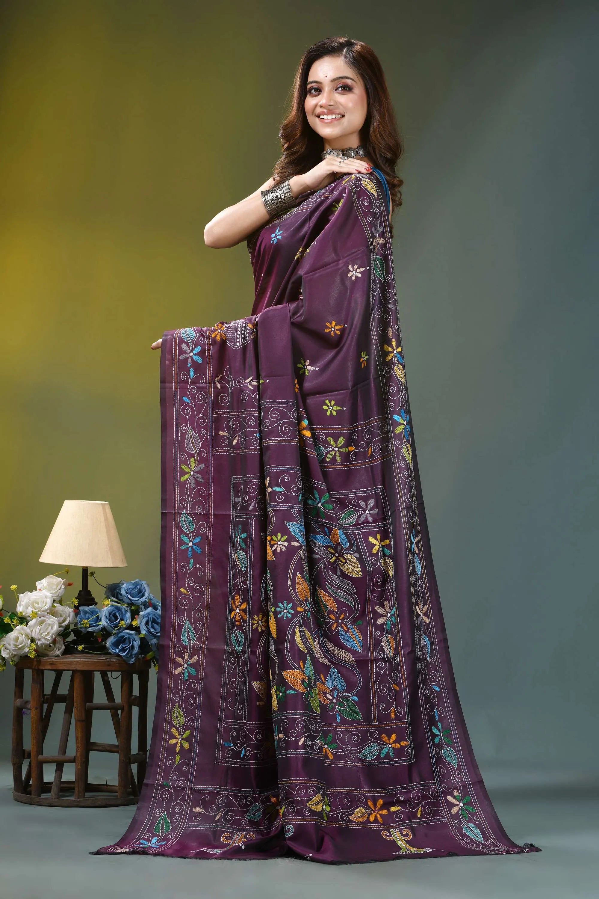 Plum purple floral motif silk kantha embroidery saree rich purple silk saree adorned 3