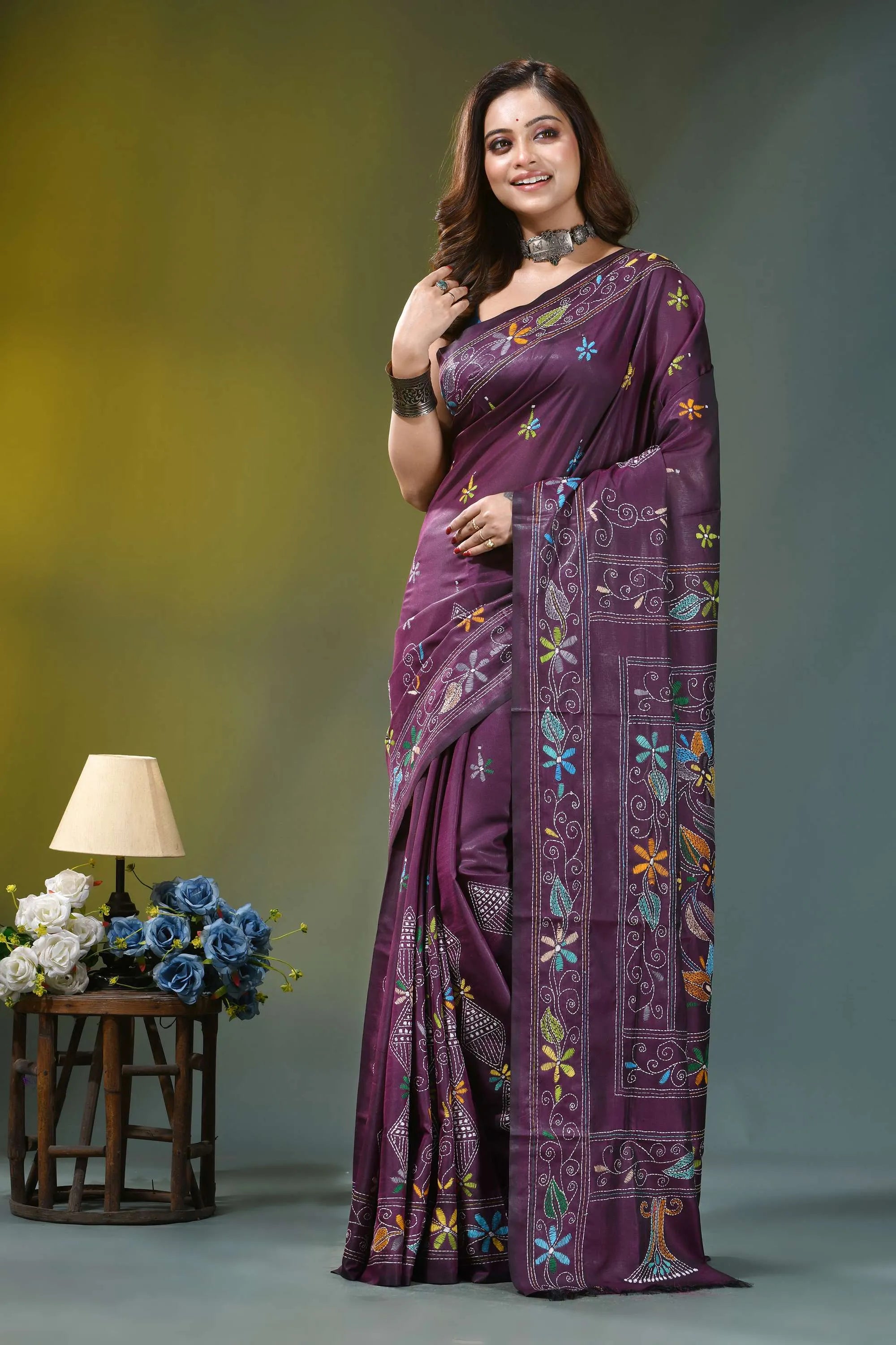 Plum purple floral motif silk kantha embroidery saree rich purple silk saree adorned 6