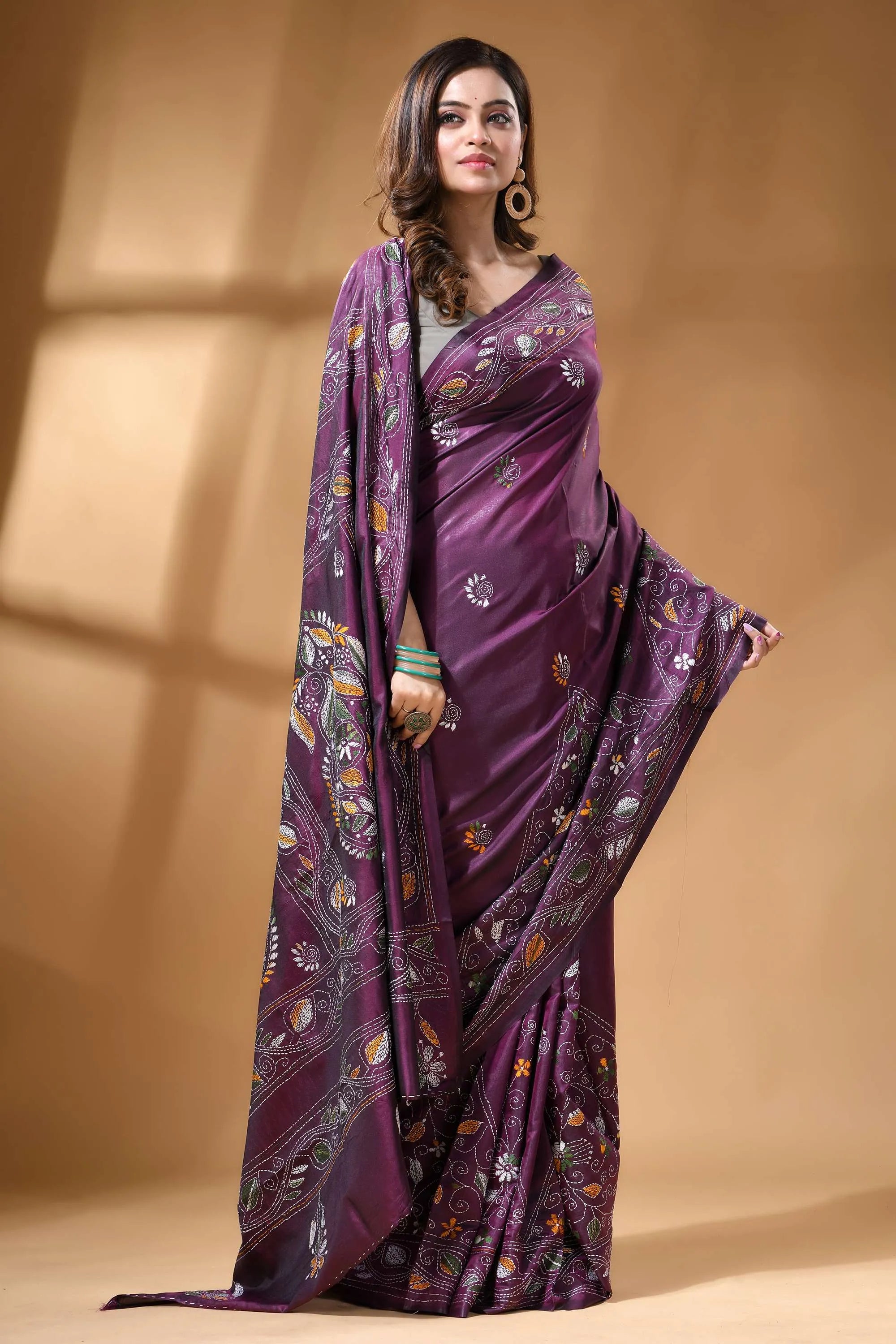 Plum purple multicolor ethnic hand kantha work silk saree rich purple silk saree adorned 6