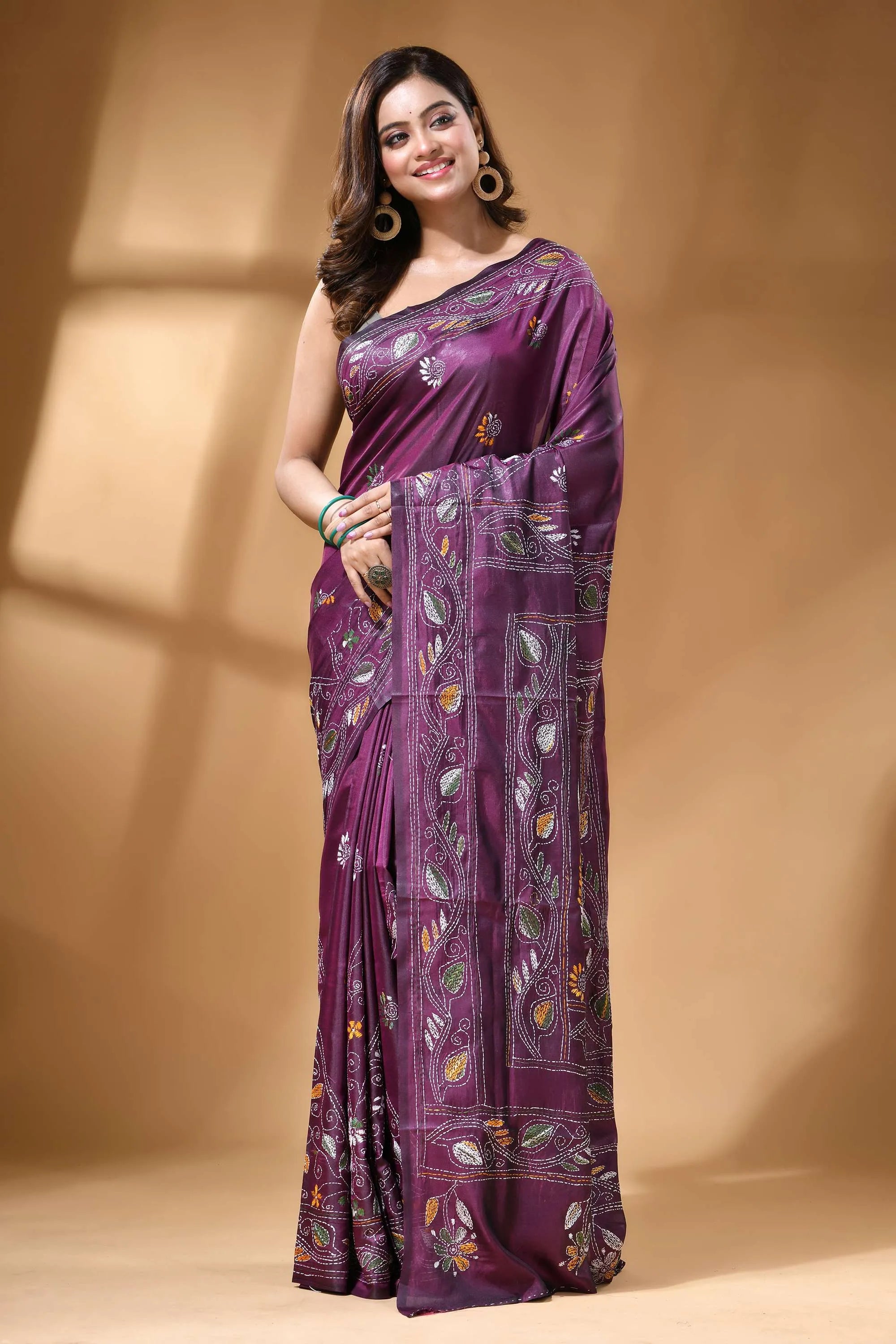 Plum purple multicolor ethnic hand kantha work silk saree rich purple silk saree adorned 7