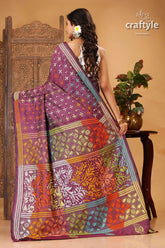 Plum purple multicolor thread kantha stitched silk saree purple floral patterned saree 4