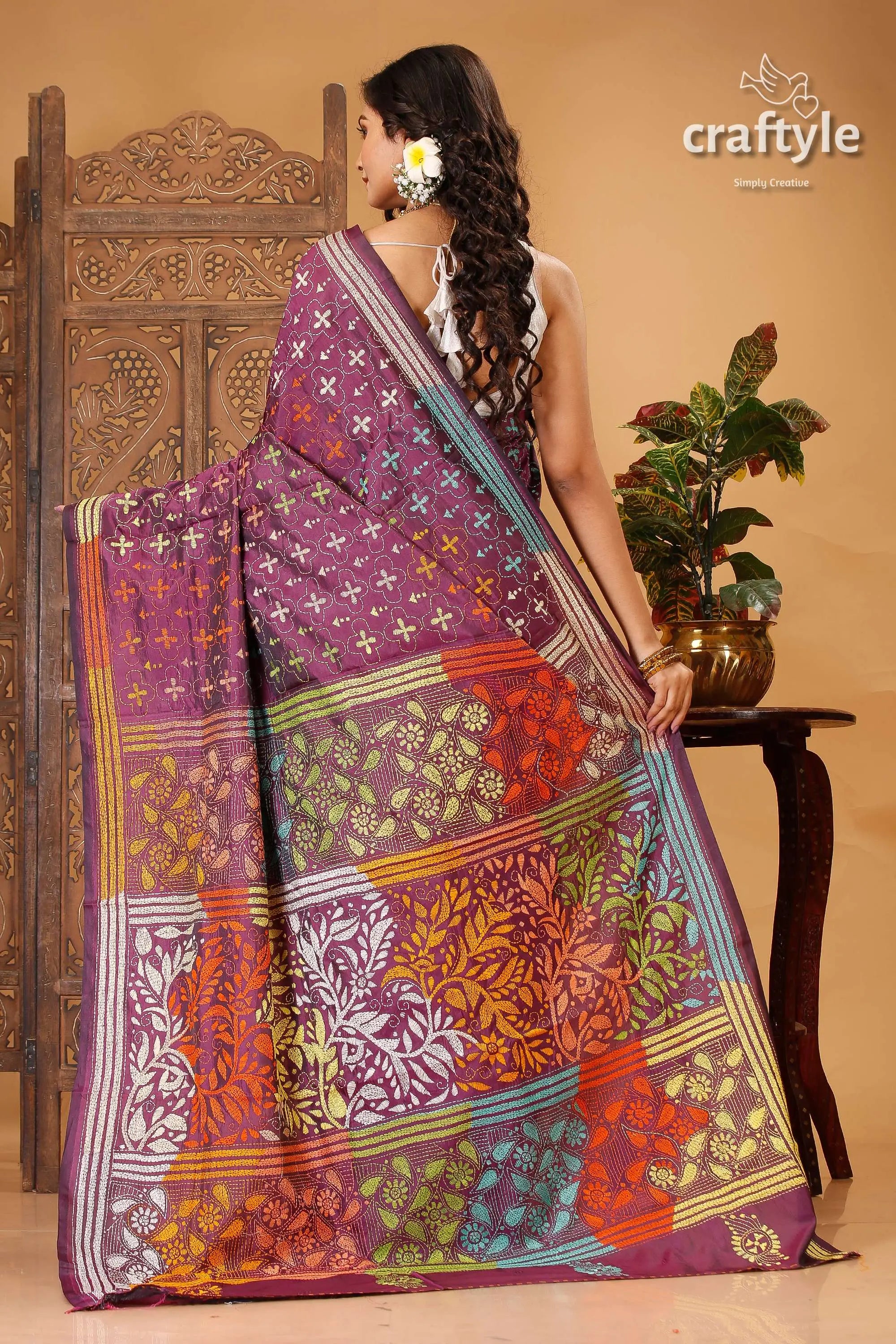 Plum purple multicolor thread kantha stitched silk saree purple floral patterned saree 4
