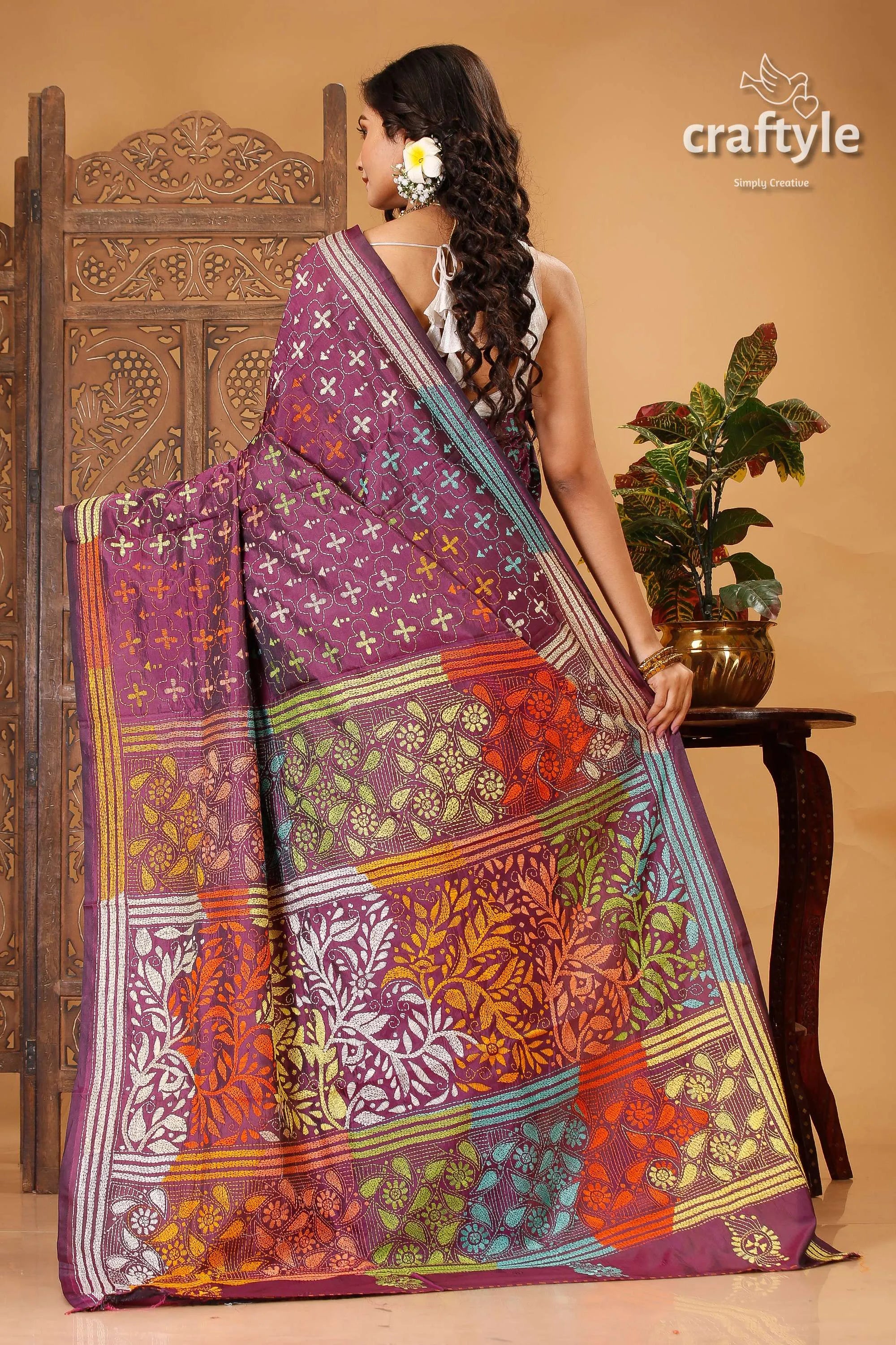 Plum purple multicolor thread kantha stitched silk saree purple floral-patterned saree 4