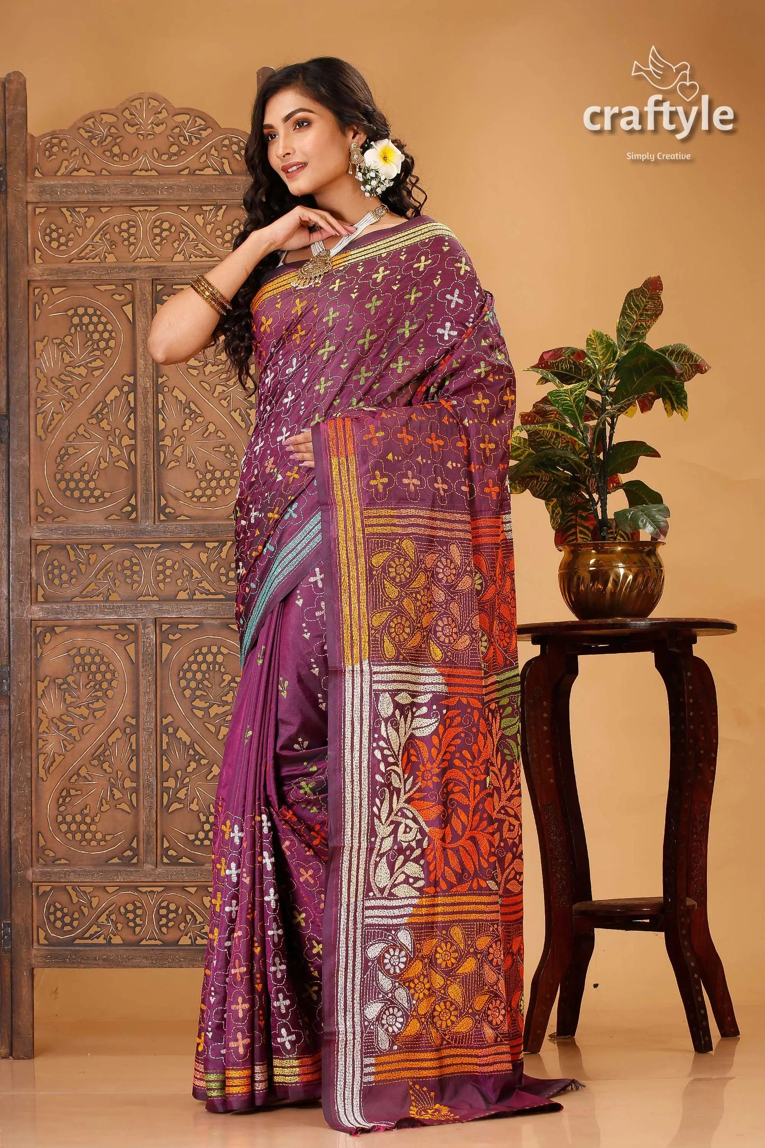 Plum purple multicolor thread kantha stitched silk saree woman purple patterned saree 3
