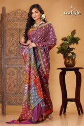 Plum purple multicolor thread kantha stitched silk saree woman patterned purple saree 5