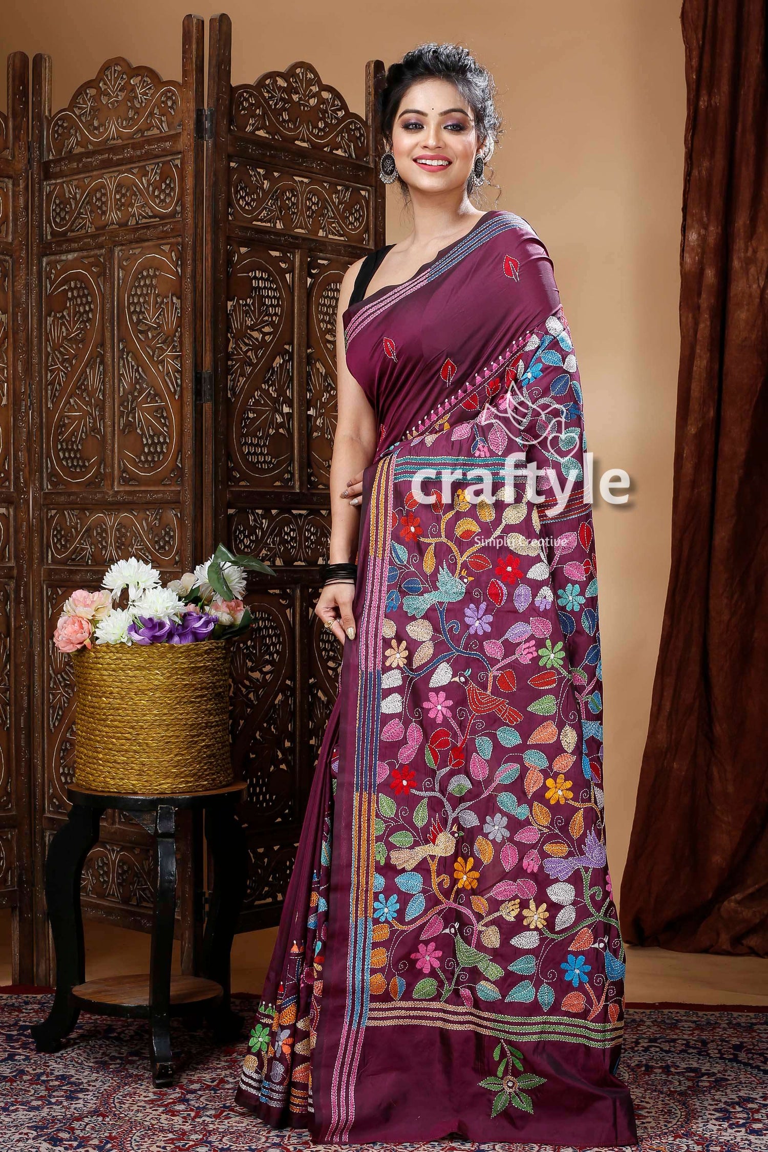 Plum Purple Traditional Silk Kantha Work Saree-Craftyle