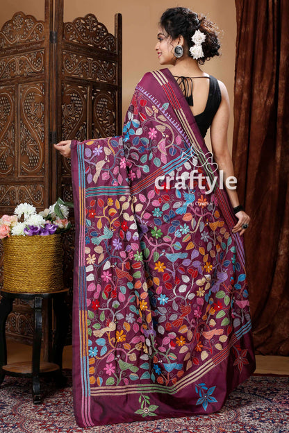 Plum Purple Traditional Silk Kantha Work Saree-Craftyle