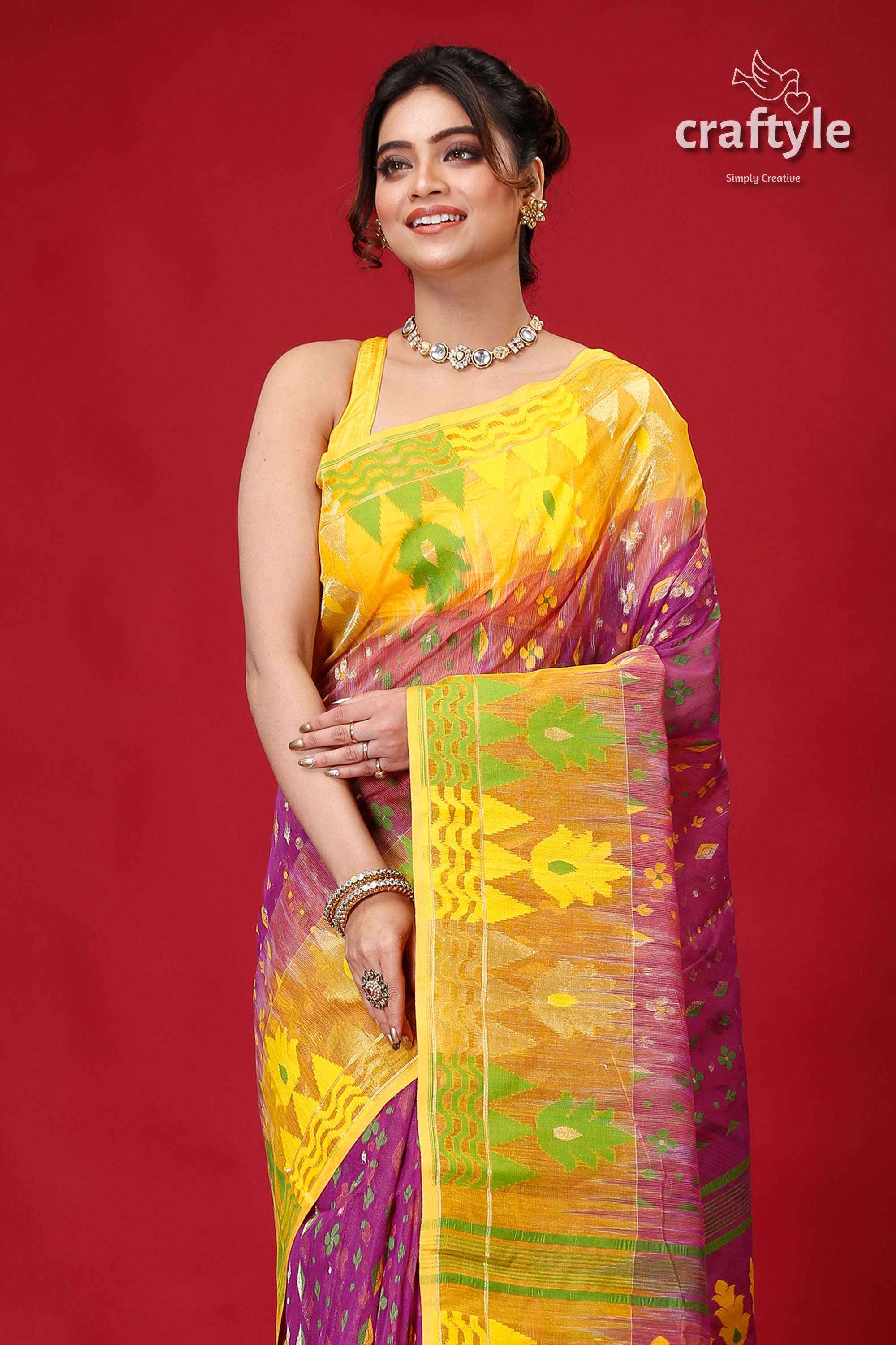 Plum Yellow Intricate Jamdani Saree-Craftyle