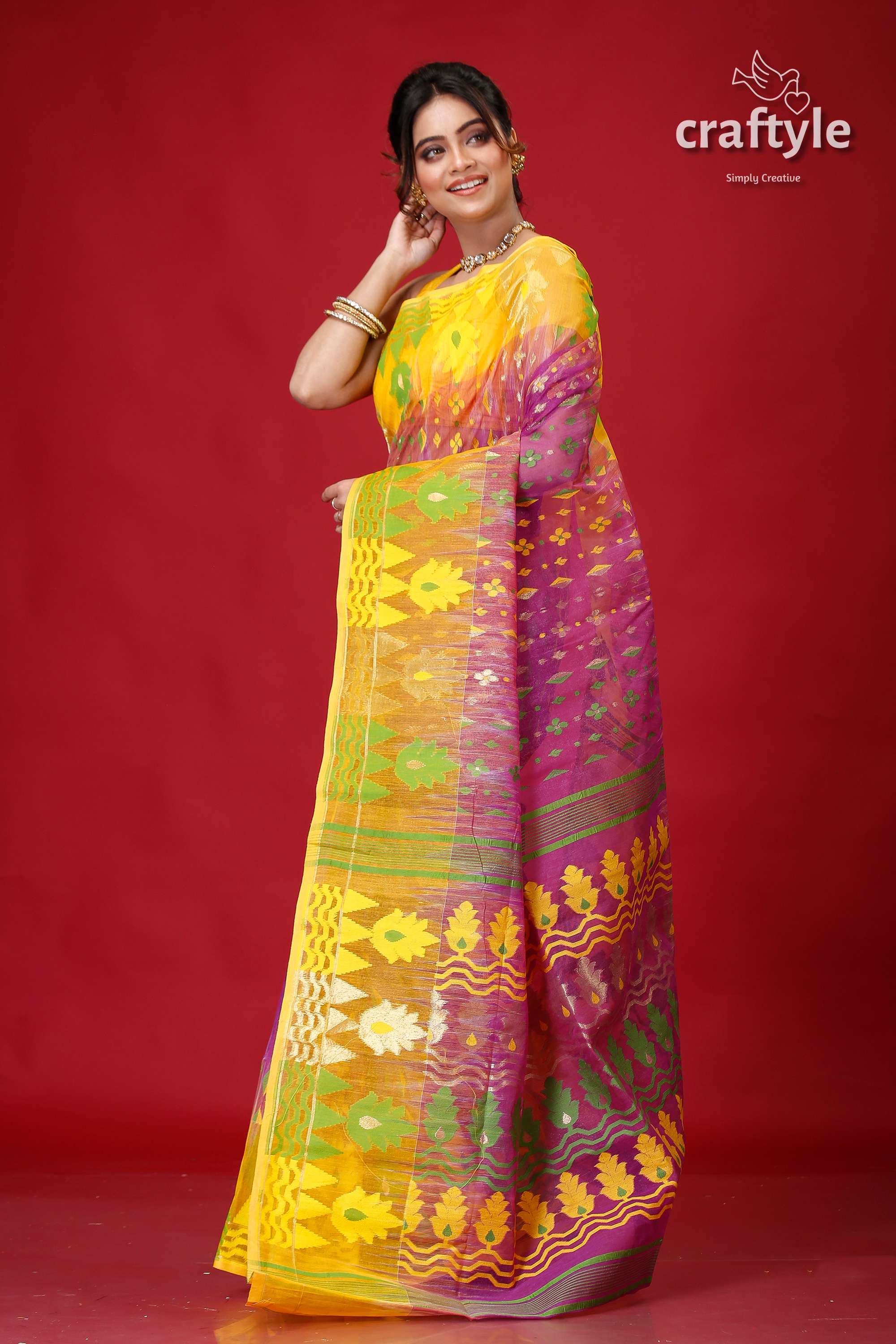 Plum Yellow Intricate Jamdani Saree-Craftyle