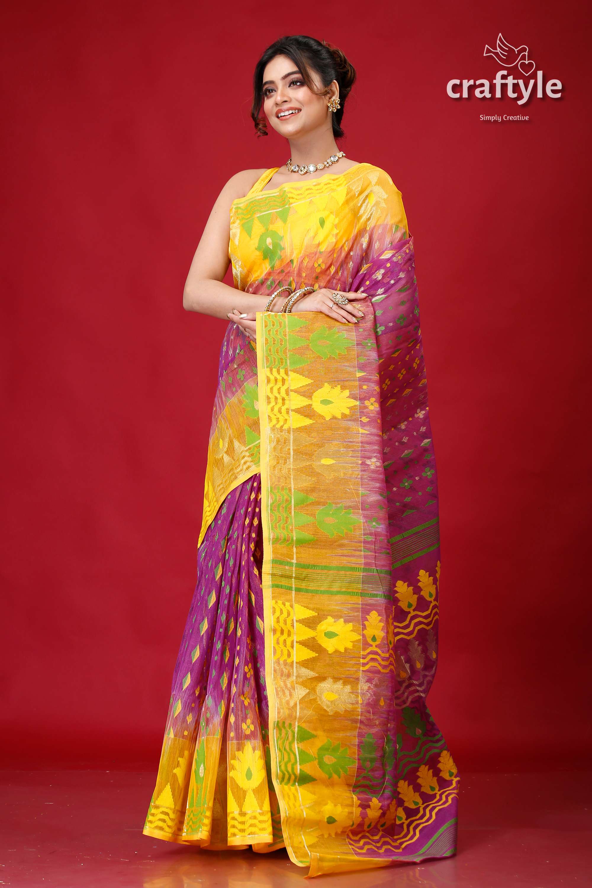 Plum Yellow Intricate Jamdani Saree-Craftyle