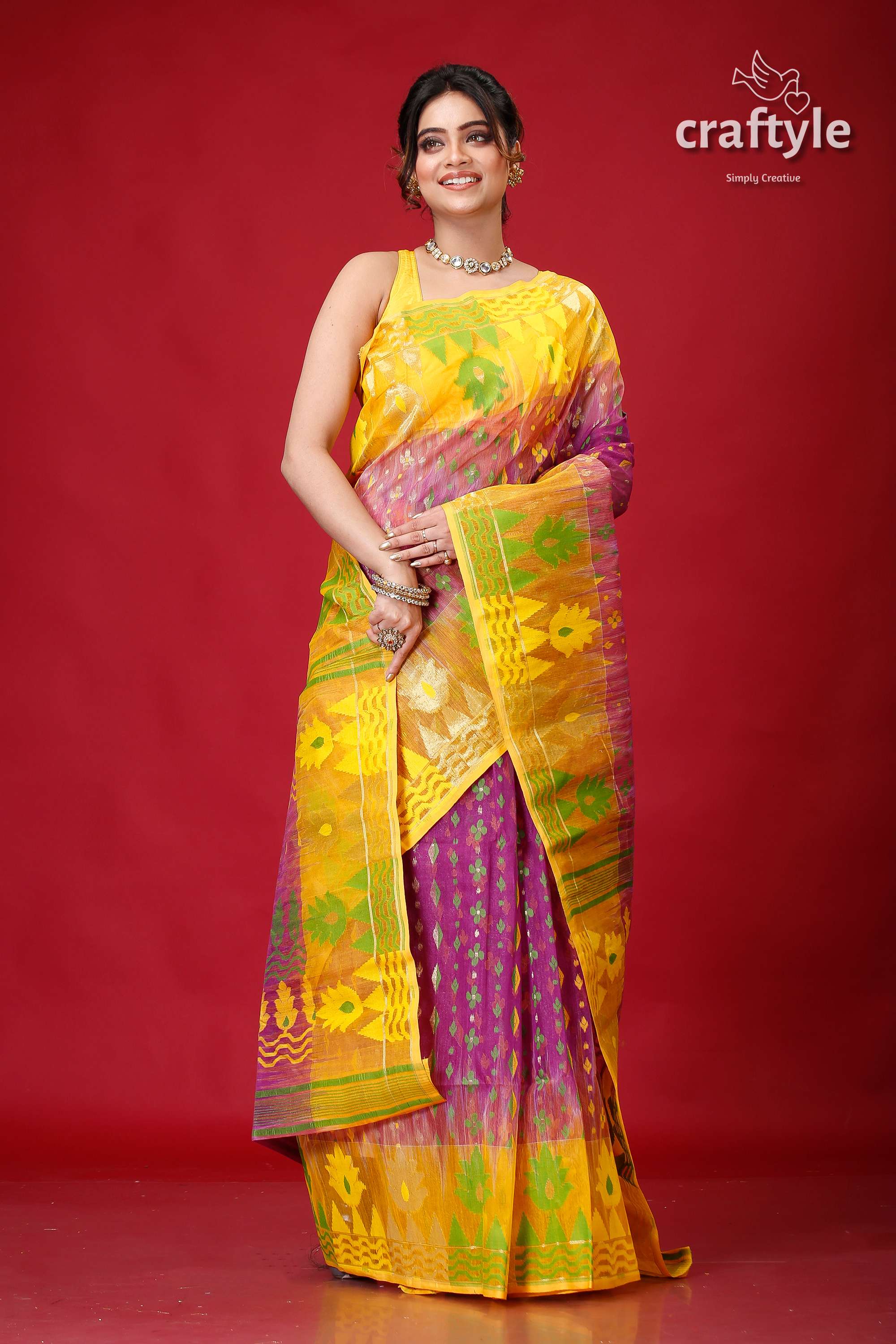 Plum Yellow Intricate Jamdani Saree-Craftyle