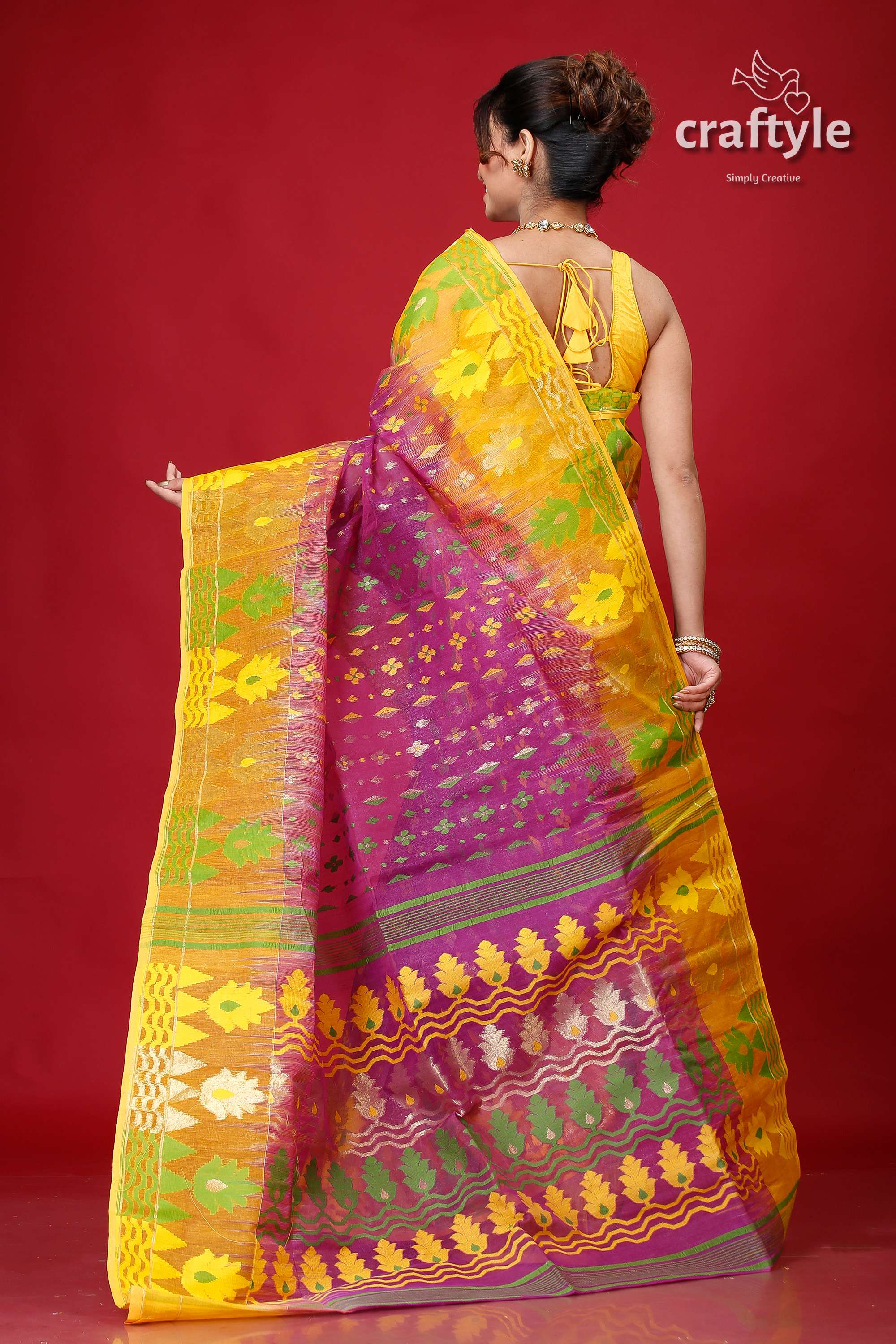Plum Yellow Intricate Jamdani Saree-Craftyle