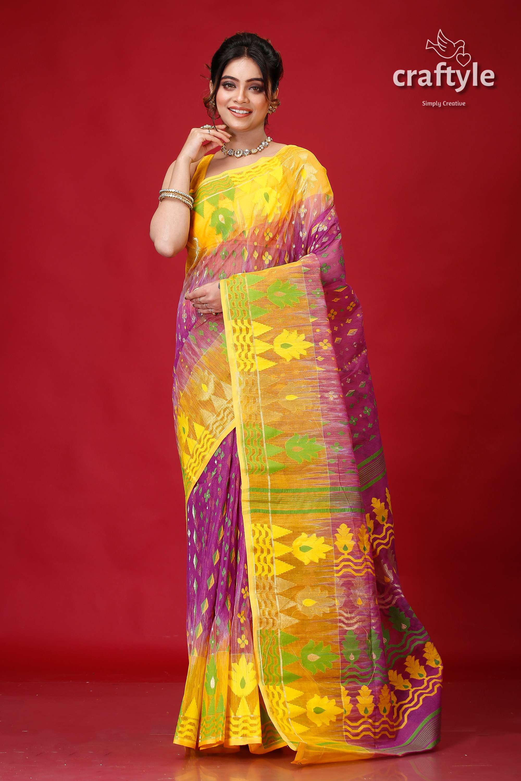 Plum Yellow Intricate Jamdani Saree-Craftyle