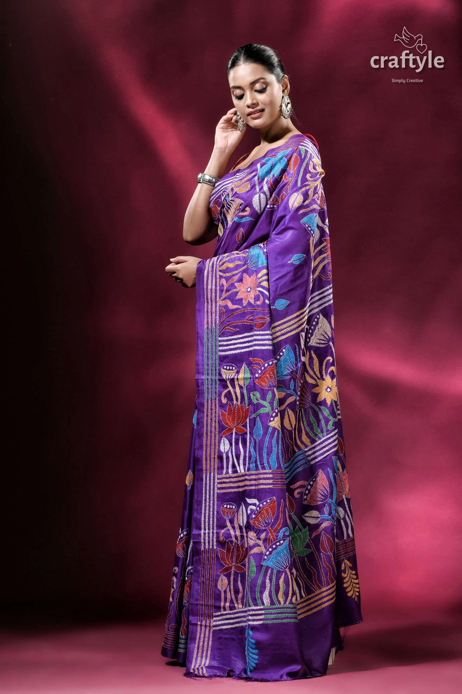 Plump purple lotus design artisanal silk kantha saree purple floral embroidered saree 3