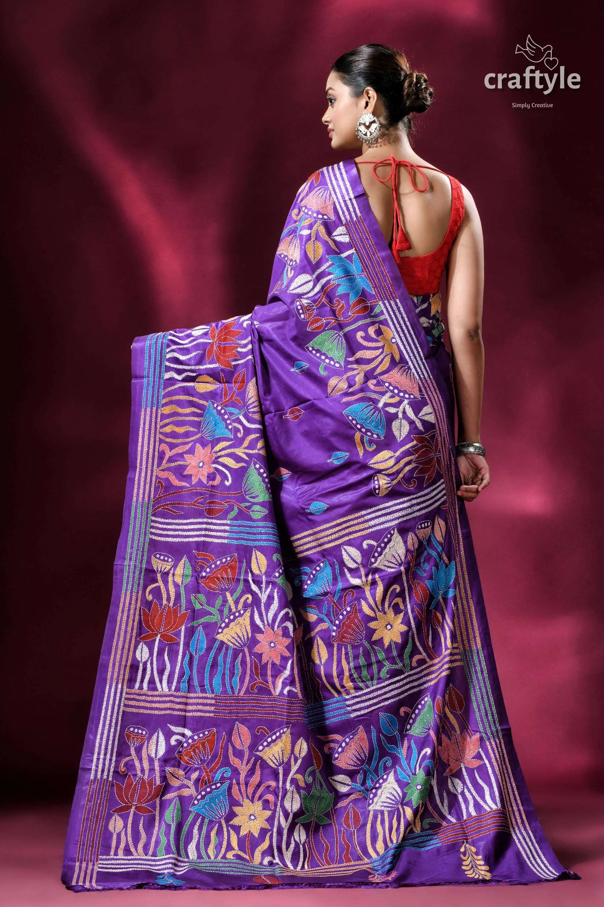 Plump purple lotus design artisanal silk kantha saree purple saree floral embroidery 4