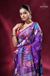 Plump purple lotus design artisanal silk kantha saree purple silk saree floral embroidery 2