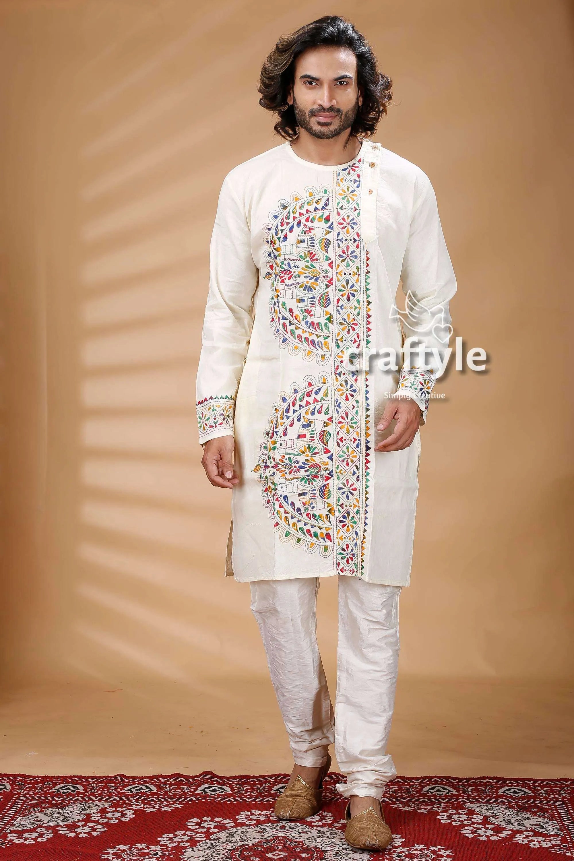 Porcelain white kantha stitch cotton kurta for men cream-colored men’s intricate multicolored 1
