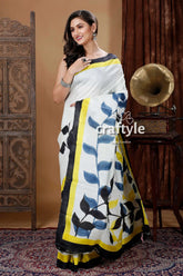 Porcelain white leaf design hand painted mulberry pure silk saree white saree leaf pattern 2