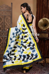 Porcelain white leaf design hand painted mulberry pure silk saree white saree leaf pattern 5