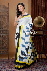 Porcelain White Leaf Design Hand Painted Mulberry Pure Silk Saree - Craftyle