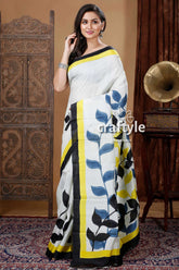 Porcelain White Leaf Design Hand Painted Mulberry Pure Silk Saree - Craftyle