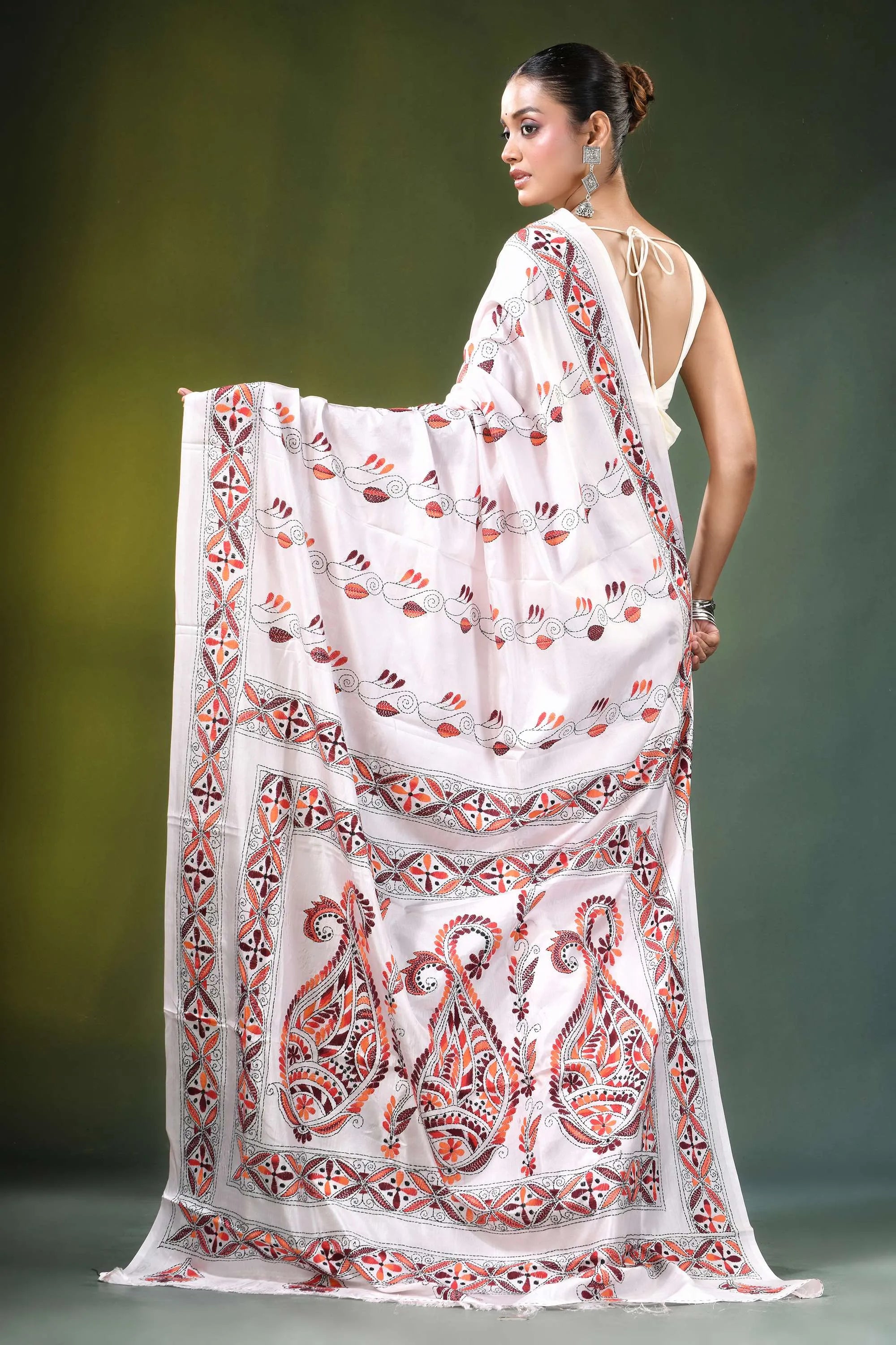 Porcelain white paisley motif handmade silk kantha saree intricate orange black 4