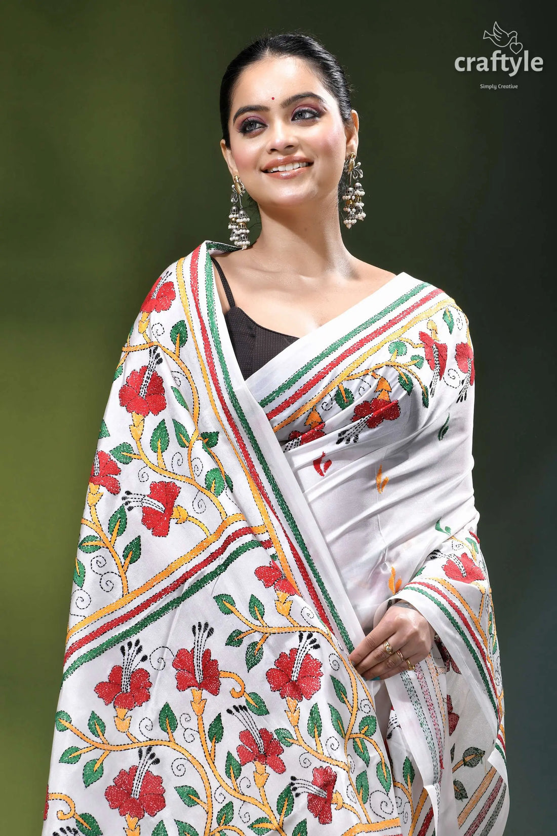 Porcelain white silk kantha work saree with beautiful hibiscus design white saree vibrant red green 2