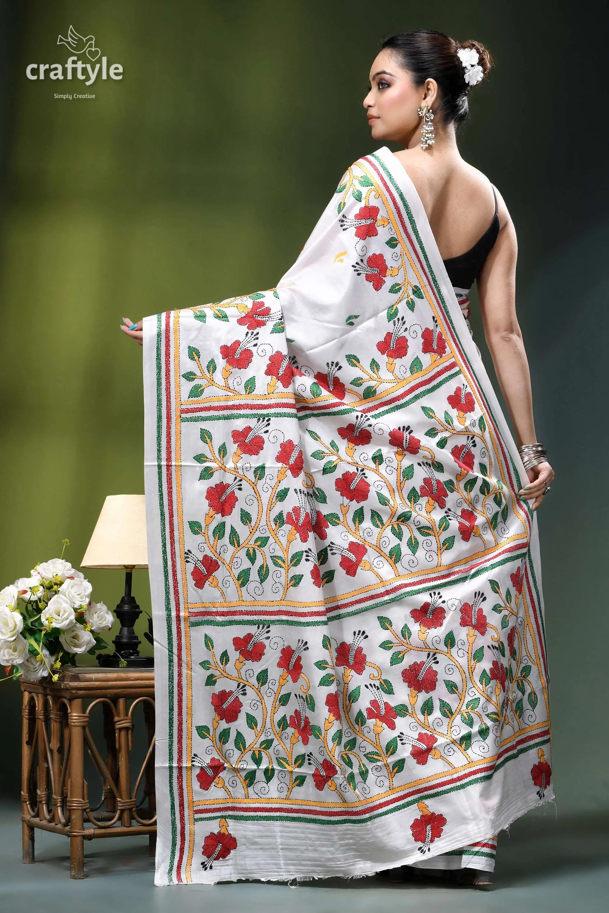 Porcelain white silk kantha work saree with beautiful hibiscus design white saree vibrant red floral 5