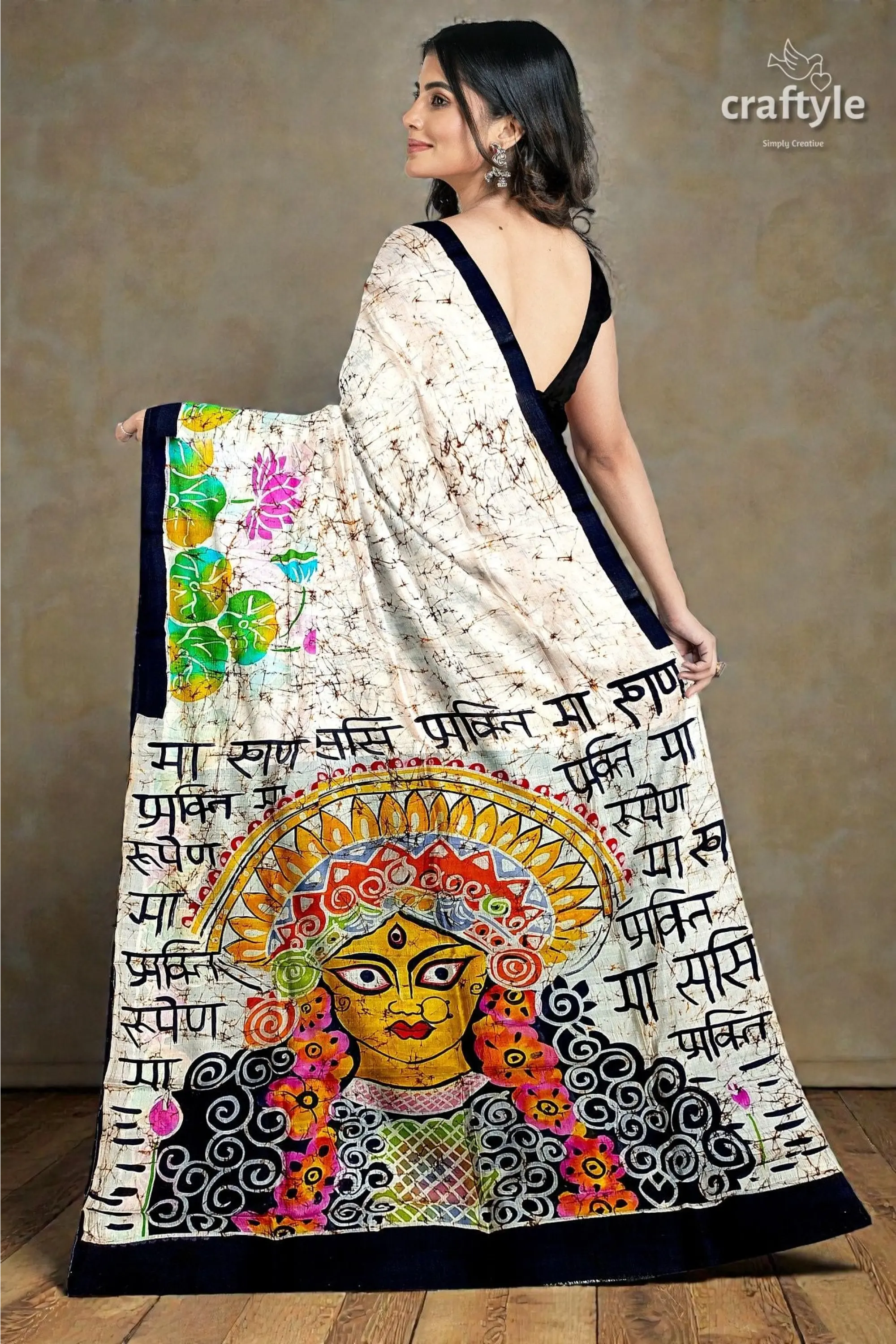 Powder white goddess design hand batik mulberry pure silk saree 5