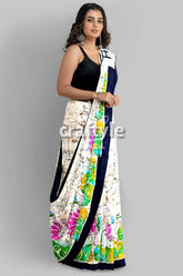 Powder white goddess design hand batik mulberry pure silk saree woman floral batik saree 3