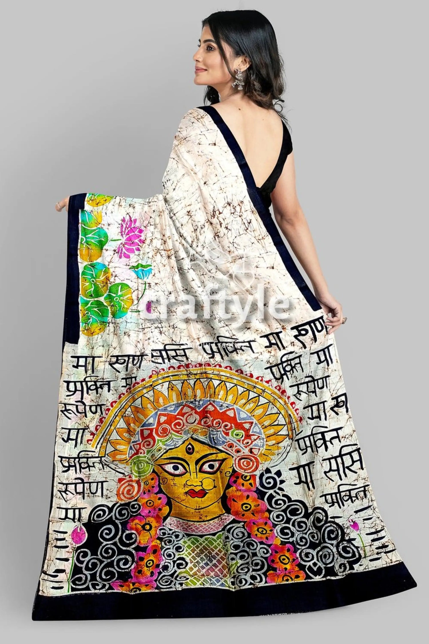 Powder white goddess design hand batik mulberry pure silk saree white saree painted deity black 6