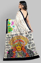 Powder white goddess design hand batik mulberry pure silk saree white saree painted deity black 6