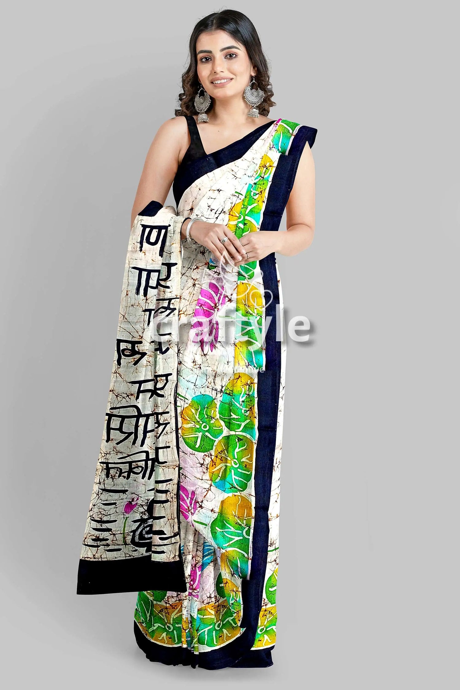 Powder white goddess design hand batik mulberry pure silk saree woman patterned saree 1
