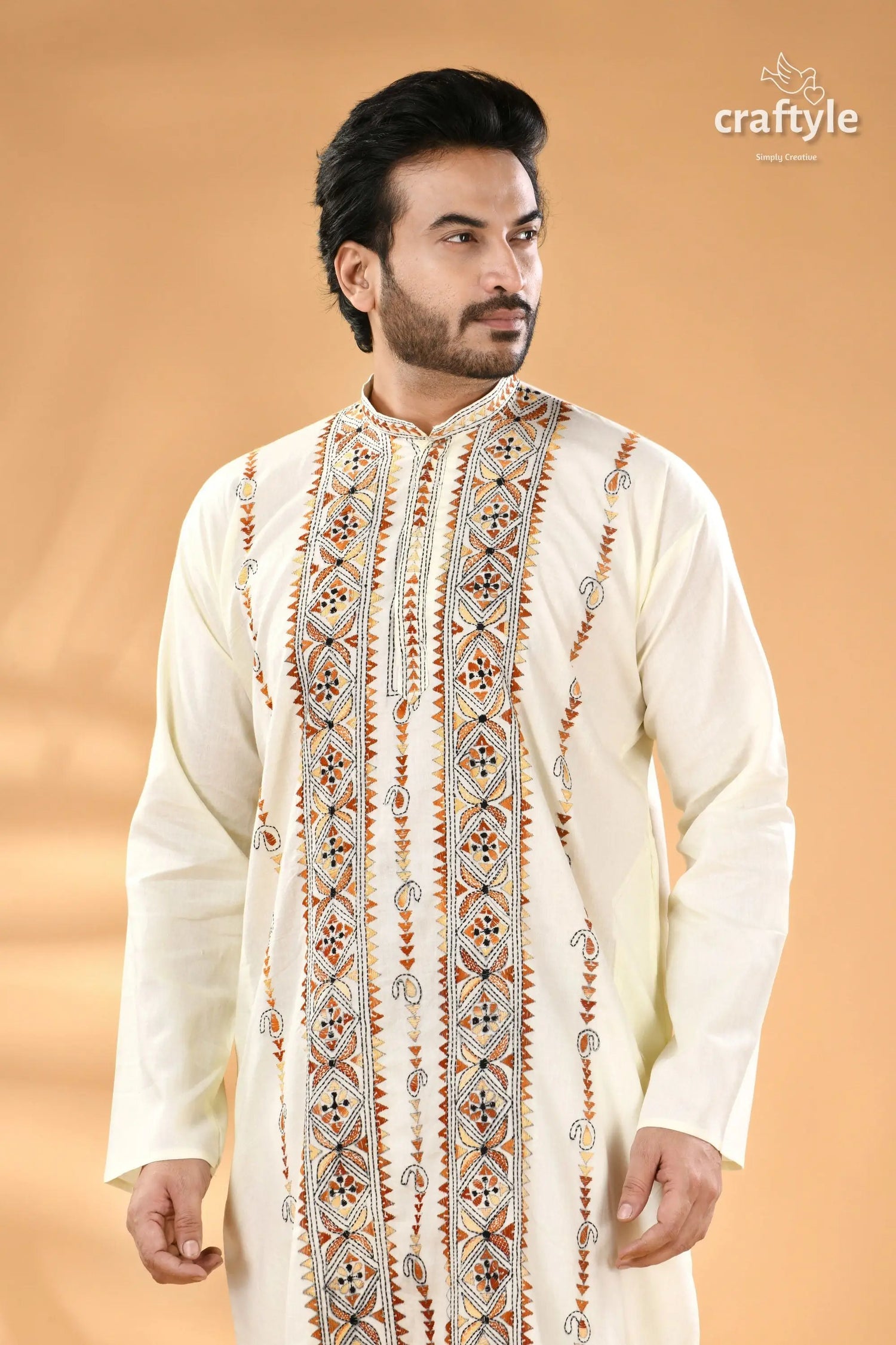 Powder white hand embroidered kantha mens kurta men’s off white embroidered kurta 2