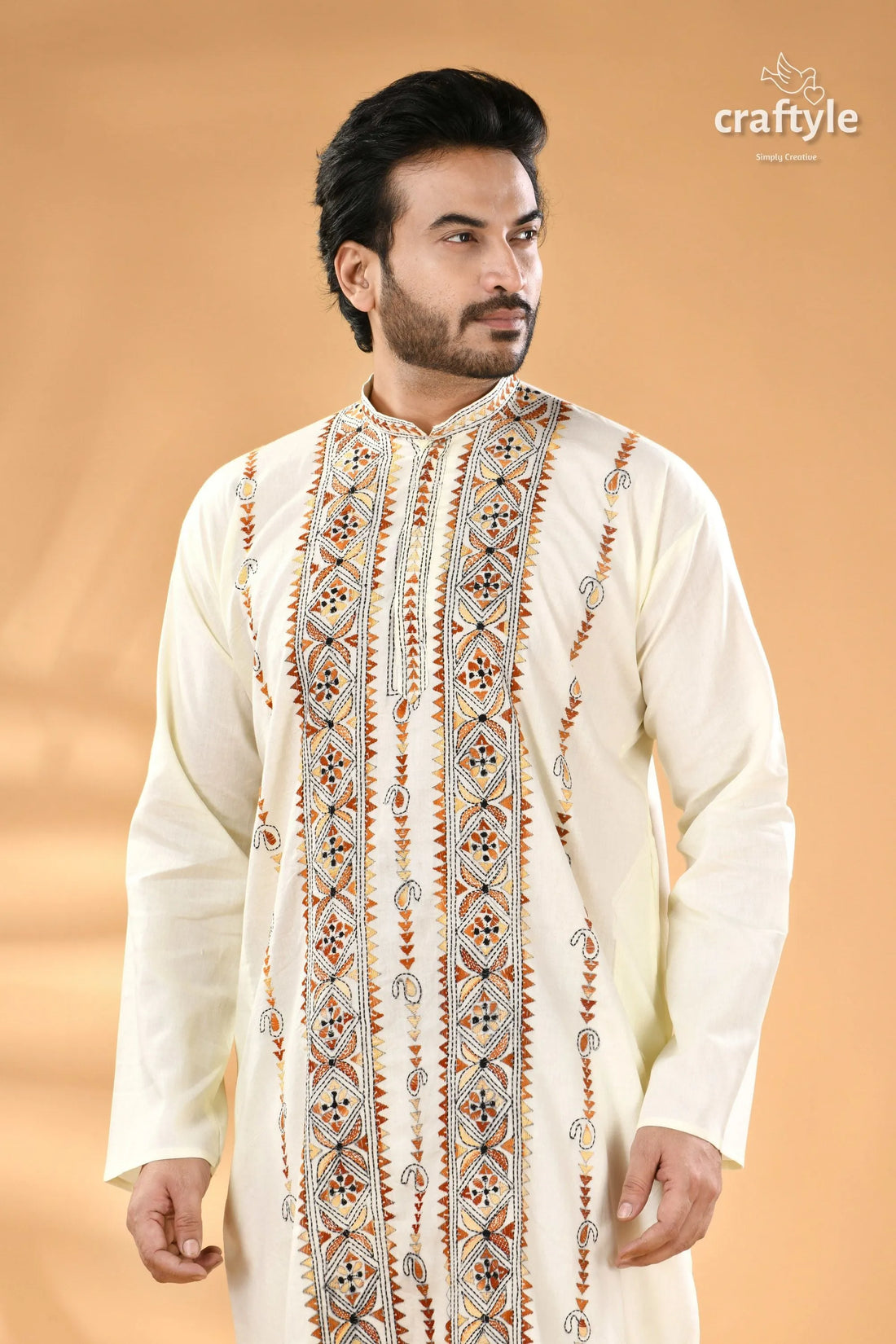 Powder white hand embroidered kantha mens kurta men’s off-white embroidered kurta 2