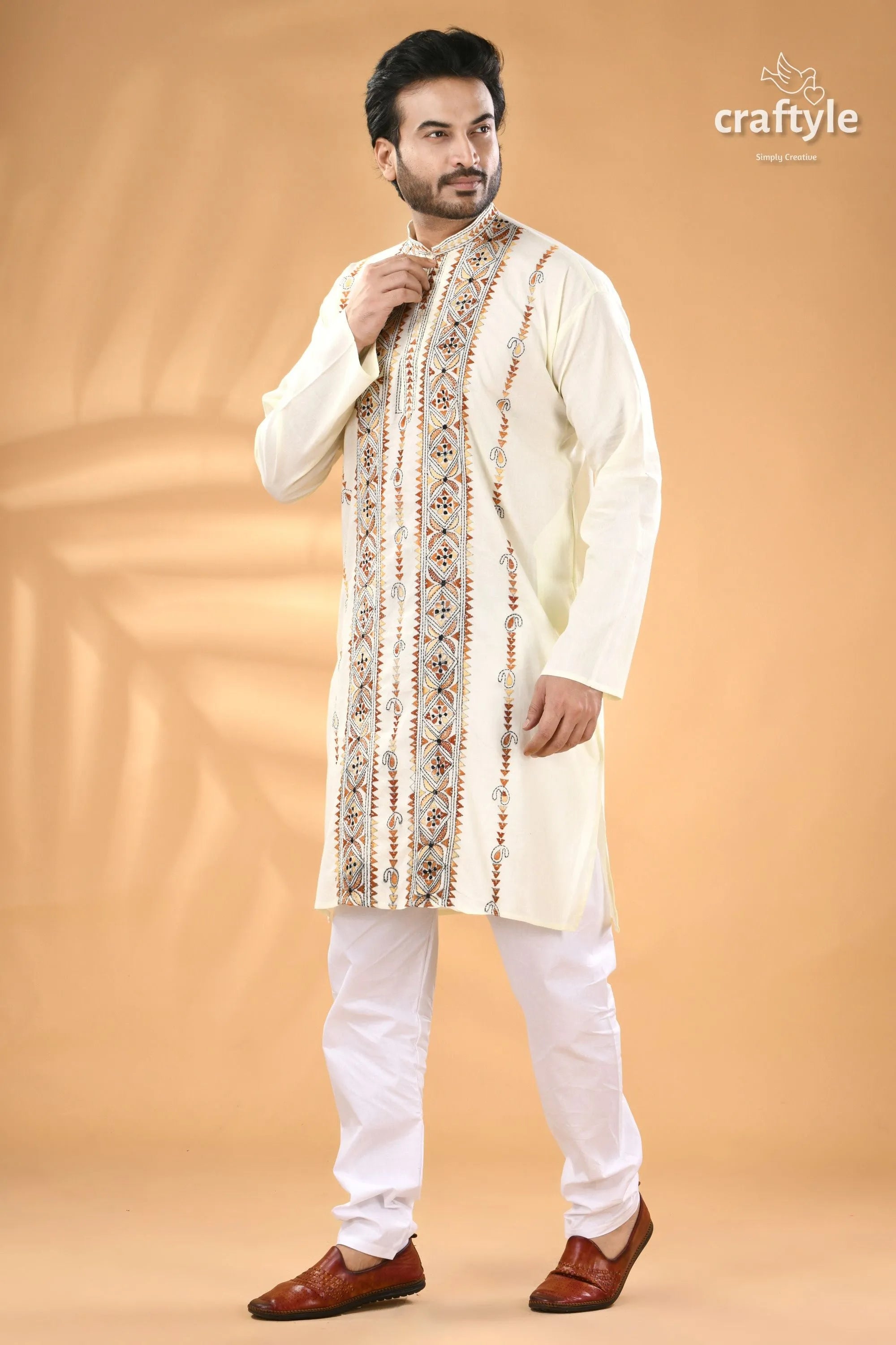 Powder white hand embroidered kantha mens kurta men’s off-white kurta intricate colorful 4
