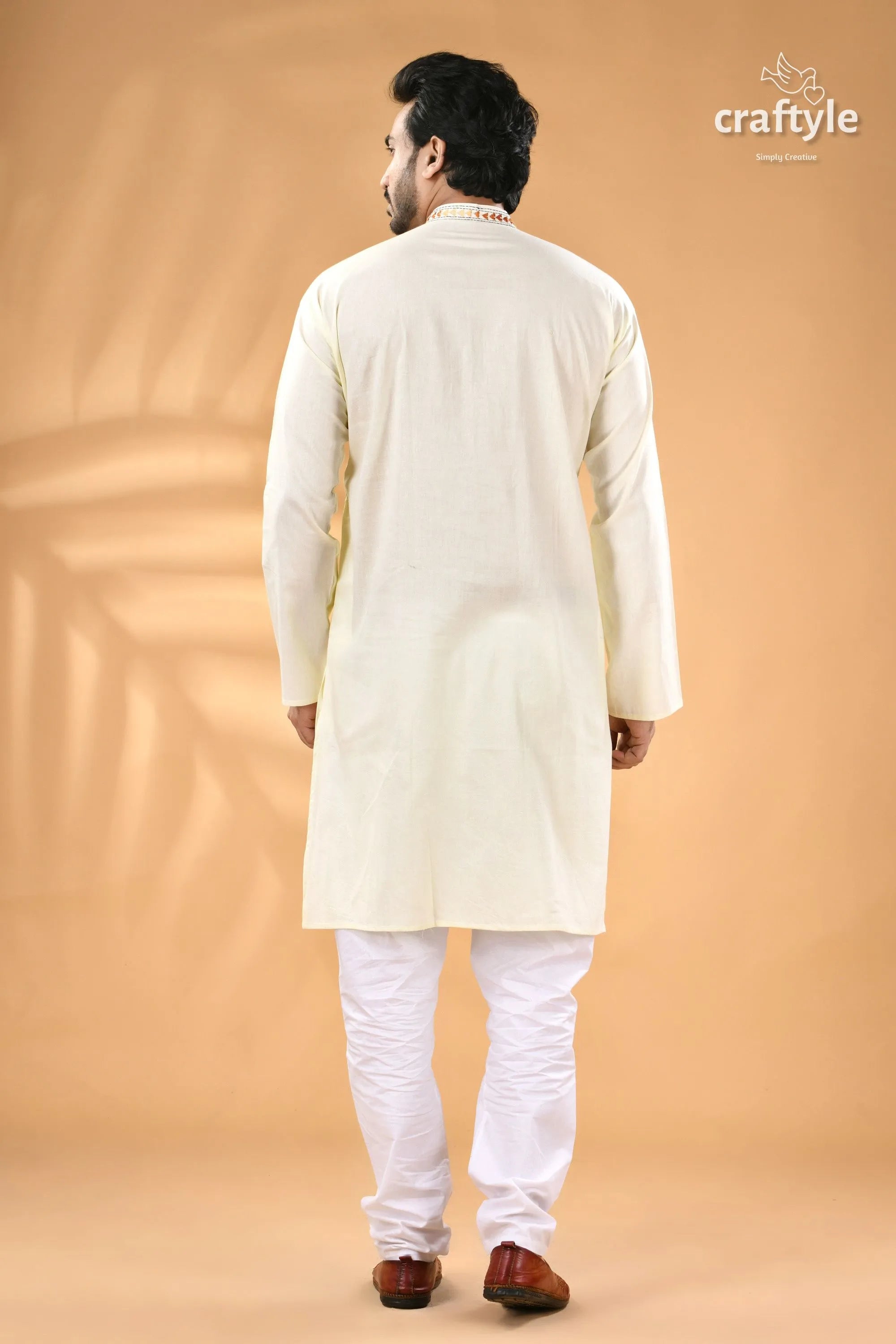 Powder white hand embroidered kantha mens kurta men’s off-white cotton blend kurta 6
