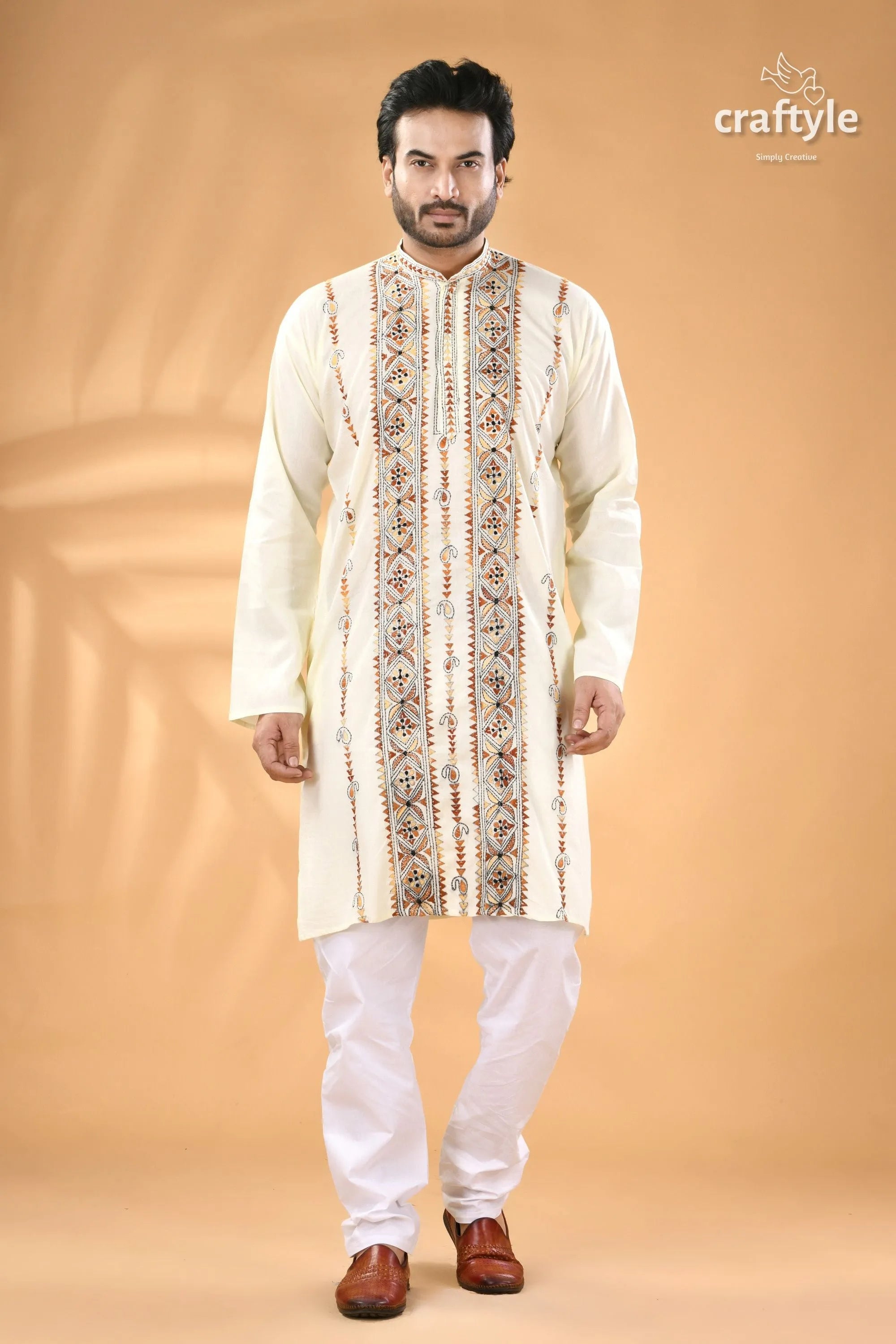 Powder white hand embroidered kantha mens kurta men’s embroidered cream-colored long kurta 1
