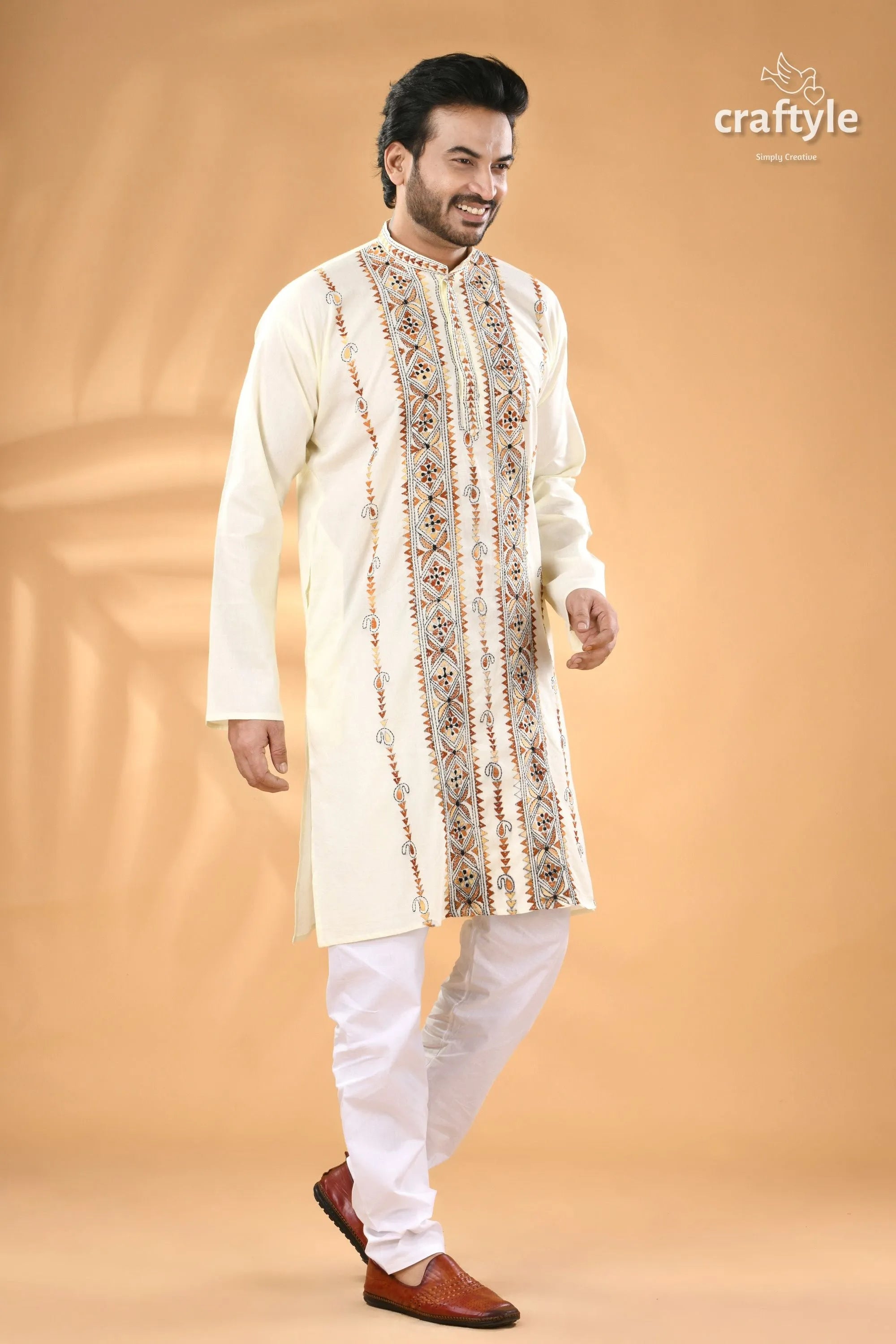 Powder white hand embroidered kantha mens kurta men’s cream-colored kurta intricate embroidery 3