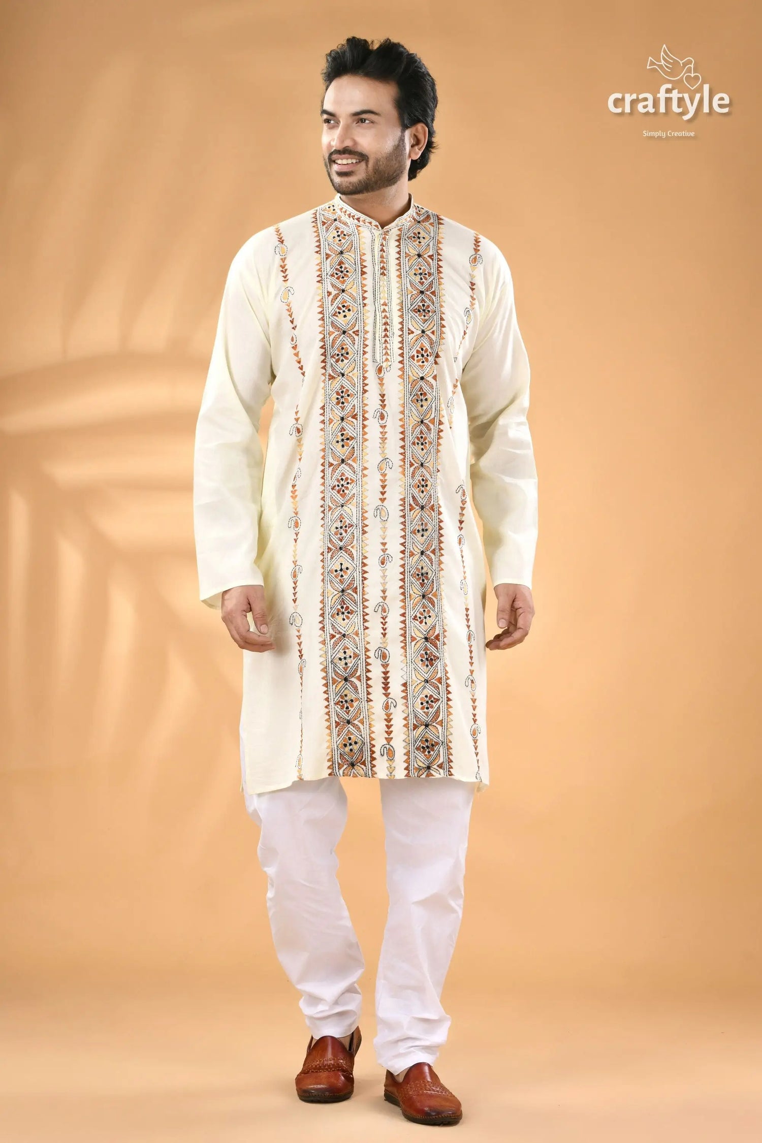 Powder white hand embroidered kantha mens kurta men’s off white embroidered kurta churidar 5