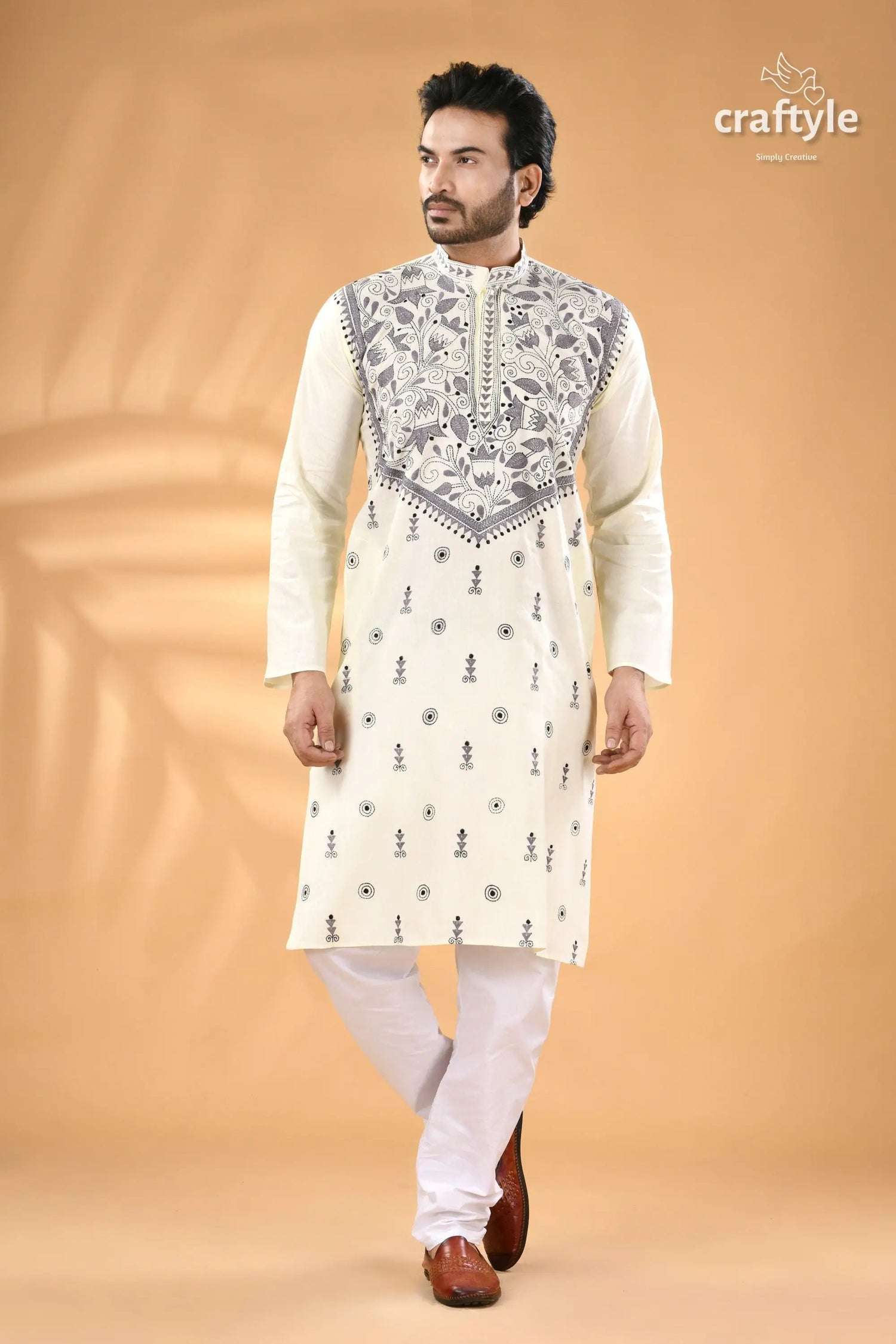 Powder white kantha stitch designer cotton panjabi for men men’s off white embroidered kurta 5