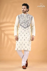 Powder white kantha stitch designer cotton panjabi for men men’s off white embroidered kurta 5