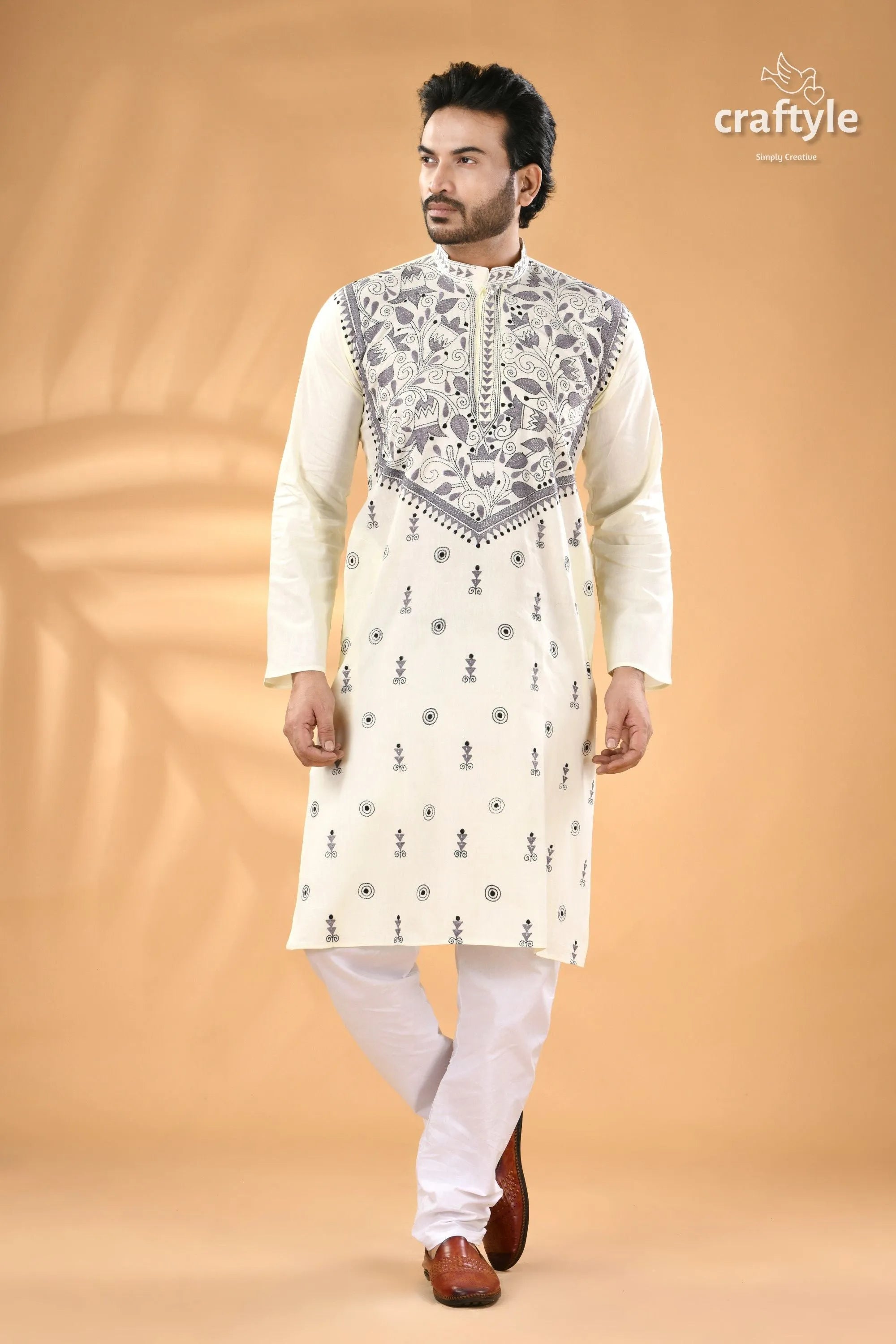 Powder white kantha stitch designer cotton panjabi for men men’s off-white embroidered kurta 5